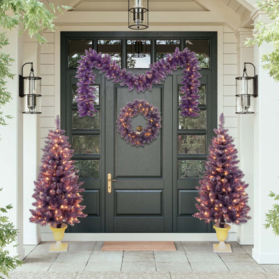 Pre-Lit Christmas Artificial Tree 4-Piece Set, Garland, Wreath And Set Of 2 Entrance Trees With LED Lights