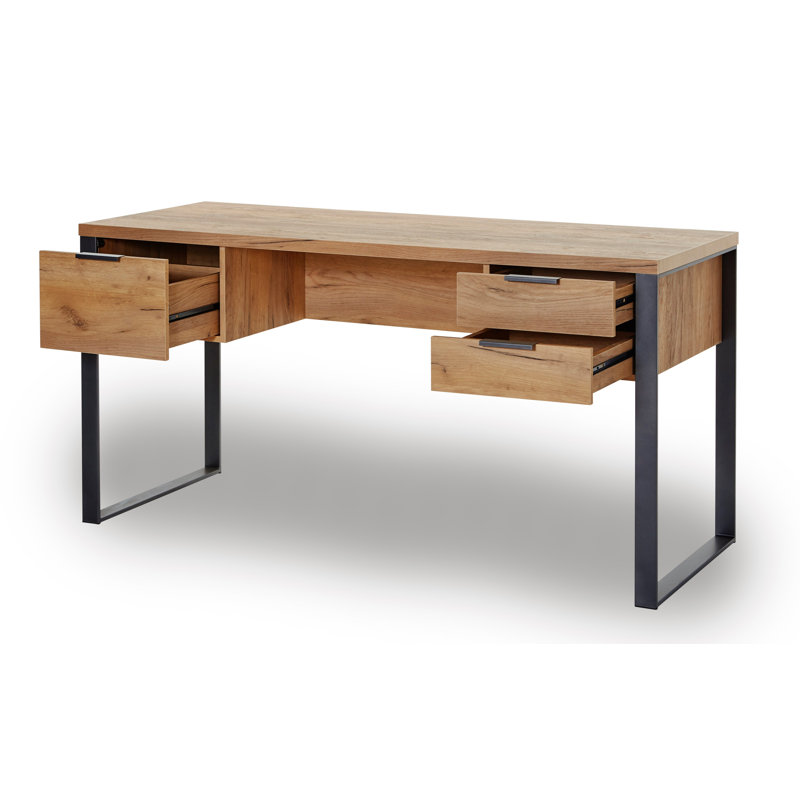 Bureau d'écriture avec rangement en métal Draylen, Cœur de chêne