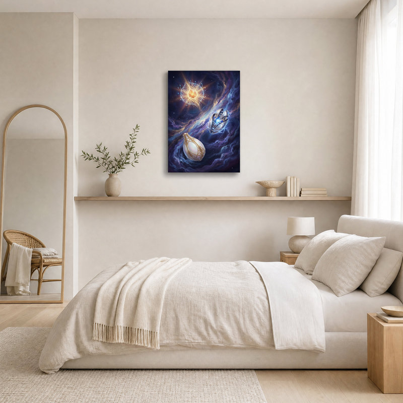 Tableau sur toile « Trois œufs lumineux dans une nébuleuse cosmique », H 36 po x l 24 po