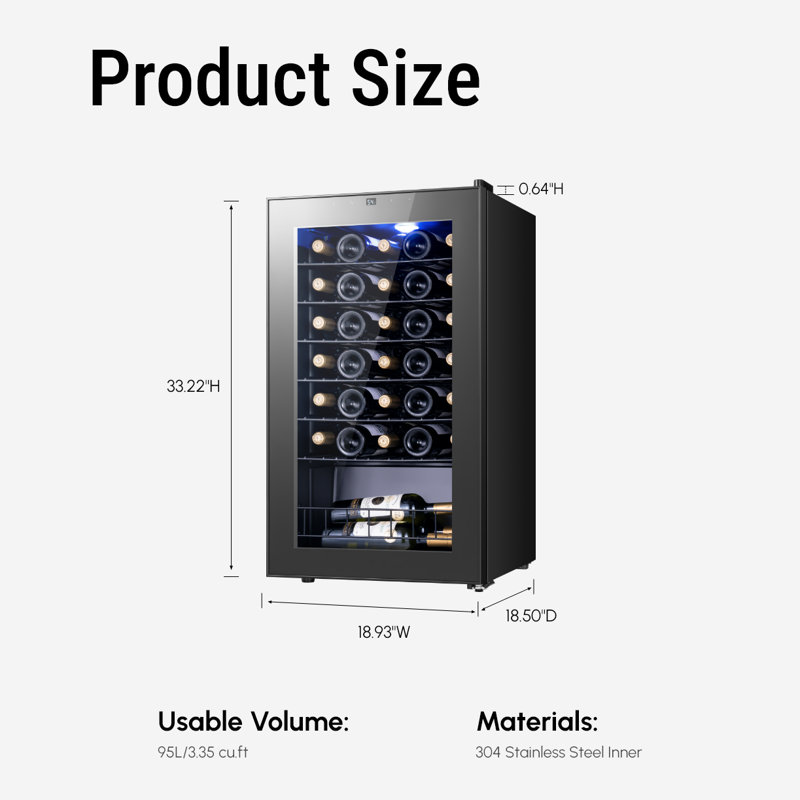 18.9'' W. 34 Bottle Single Zone Freestanding Wine Refrigerator Mini Wine Cooler, 34 bottles