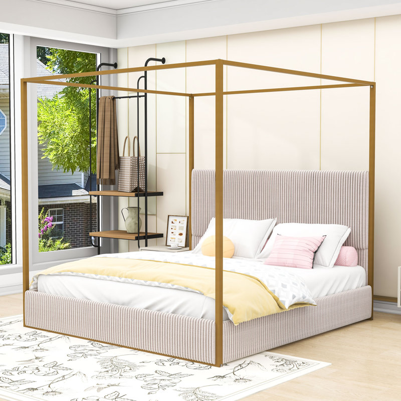 Lit à baldaquin avec tête de lit moelleuse en velours côtelé, Beige, Très grand lit