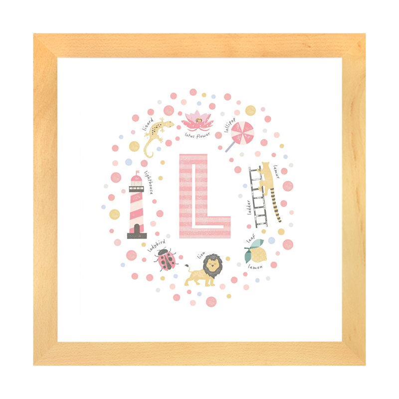 Lettre illustrée L rose - impression, Blanc, H 16 po x l 16 po x p 1 po, Papier avec cadre beige