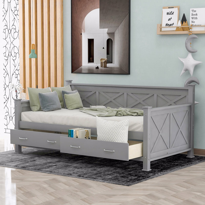 Lit de jour simple, avec 2 grands tiroirs, structure en forme de X, Gris