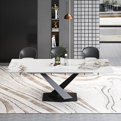 63" To 94.5" Extendable Dining Table For 8-10 With Rectangular Sintered Stone Dining Top And Stainless Steel Base