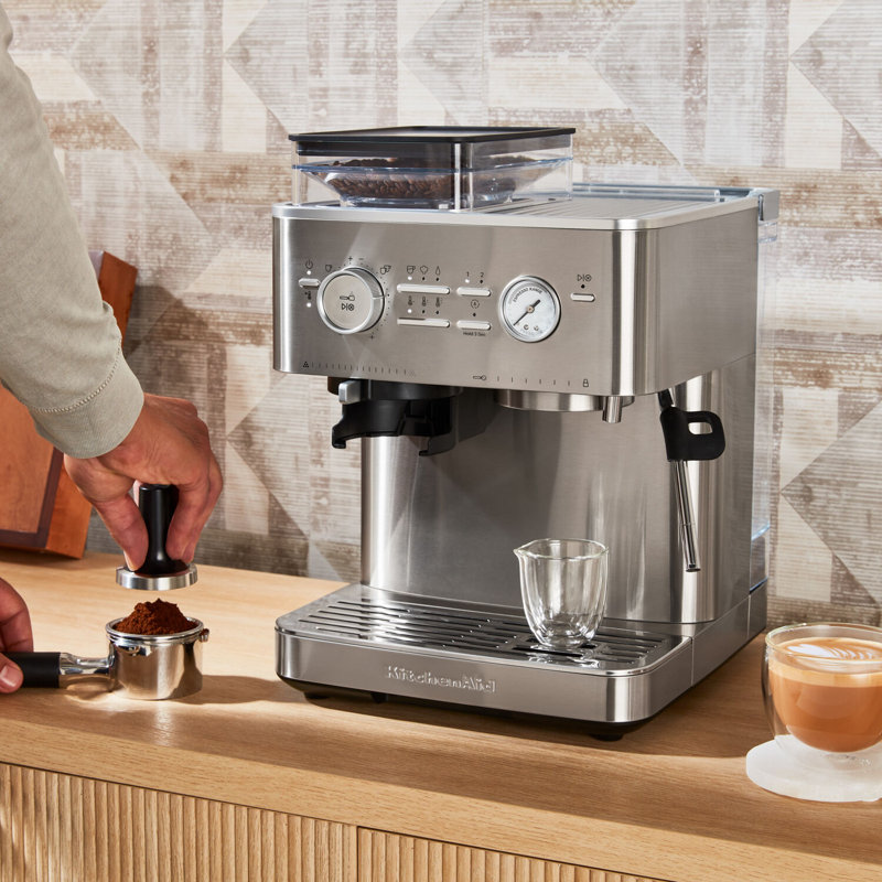 Semi Automatic Espresso Machine with Burr Grinder in Juniper, Stainless Steel