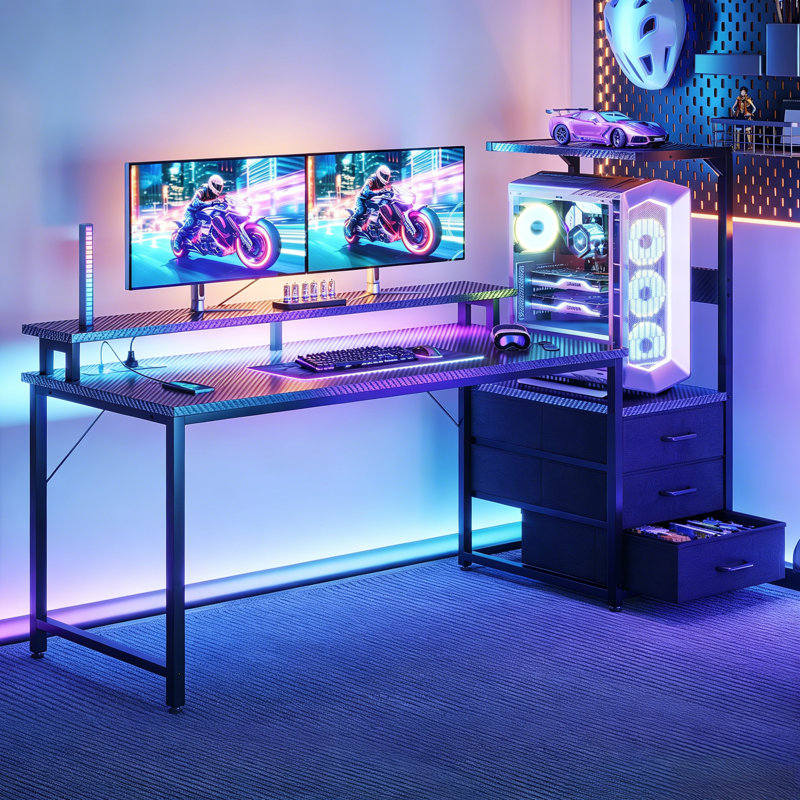 Nellie 59"W Gaming Desk With Monitor Stand &  Cpu Stand,Computer Desk With Power Outlet & RGB LED Lights,Home Office Desk With Storage Drawers