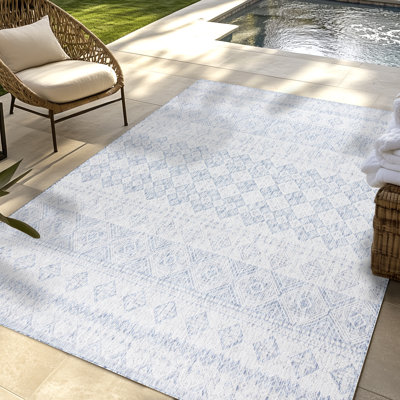 Savara Mayview Blue Ivory Cream Moroccan Bohemian Indoor/ Outdoor Polypropylene Flatweave Area Rug