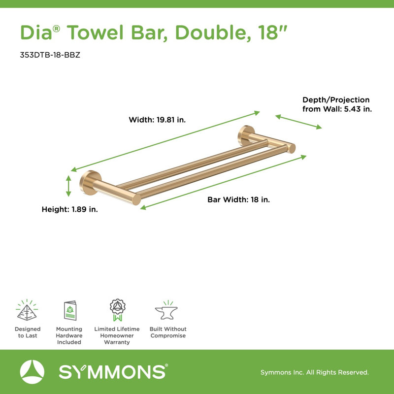 Dia 18" Wall Mounted Double Towel Bar, Brushed Bronze