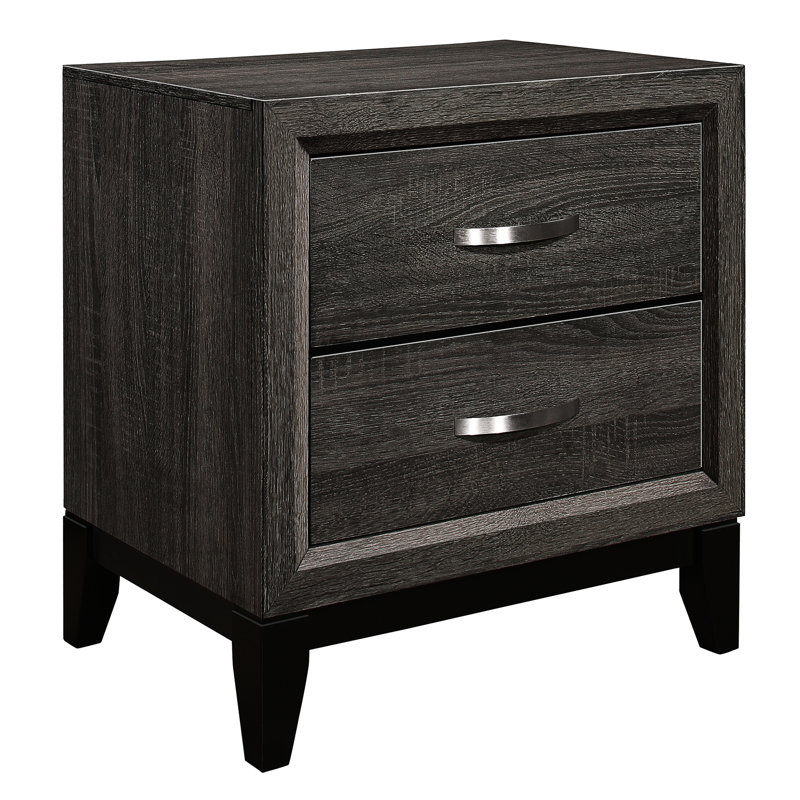Table de chevet de chambre à coucher en gris: bois d'ingénierie, 2 tiroirs, poignées de bar au fini gris avec tiroirs et placage de bois