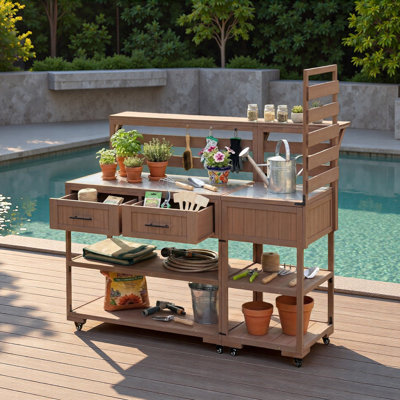 Patio Kitchen Island With Stainless Table Top, Raised Shelf, Drawers And Open Shelves