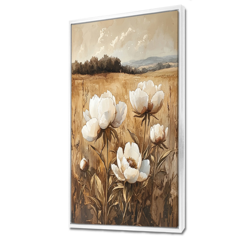 Décoration murale pivoines le long de la campagne III - pivoines, H 60 po x l 28 po, Reproduction avec cadre flottant, Blanc