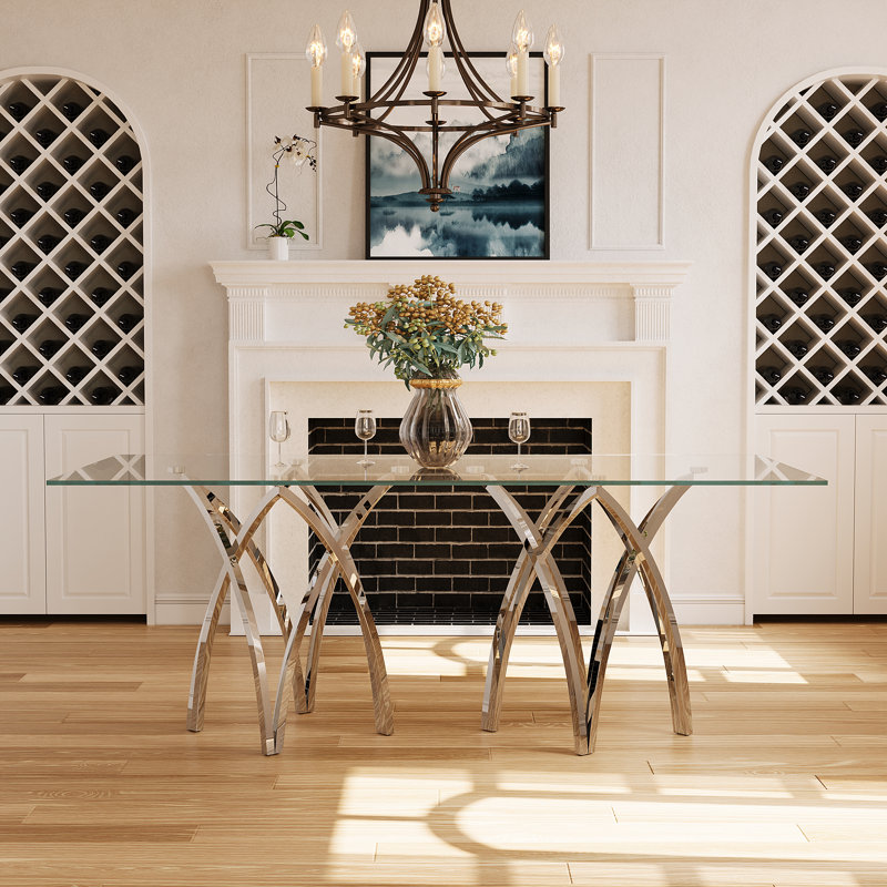 Table de salle à manger en verre transparent avec base en couronne argentée en miroir, H 30 po x L 78 po x l 40 po