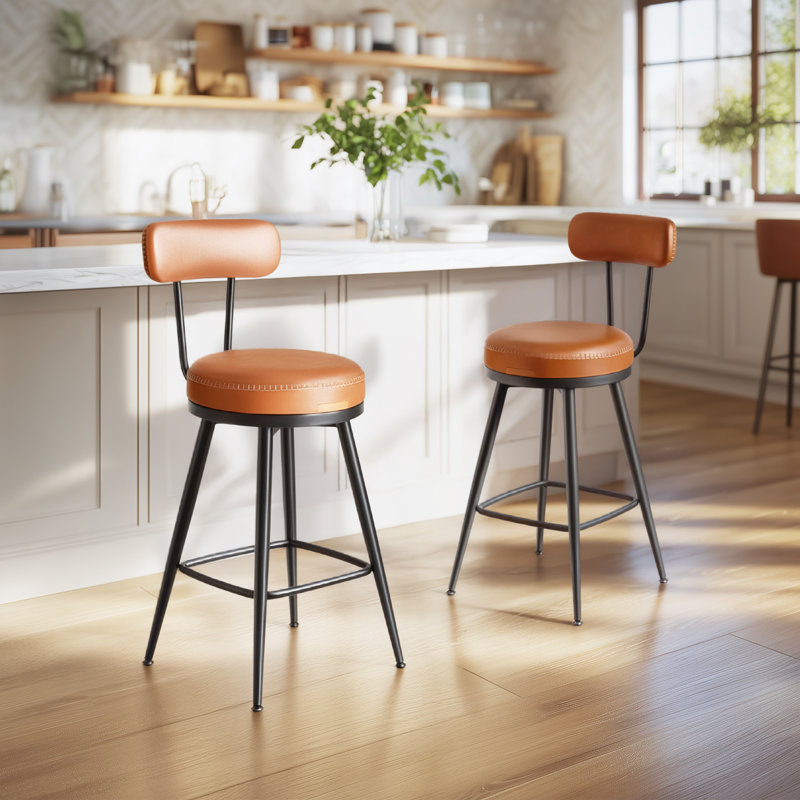 Tabourets Angelleah avec dossier, cuir synthétique, Brun, Tabouret de comptoir (siège d'une hauteur de 25,6