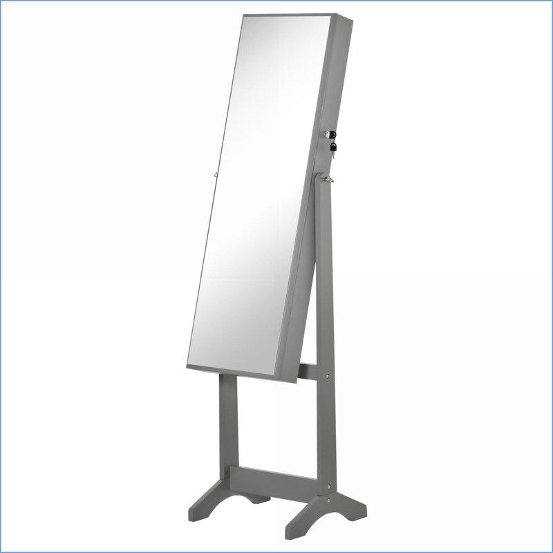 Armoire à bijoux, organisateur autoportant verrouillable avec miroir pleine grandeur | 3 angles réglables | Gris, panneau de fibres à densité moyenne