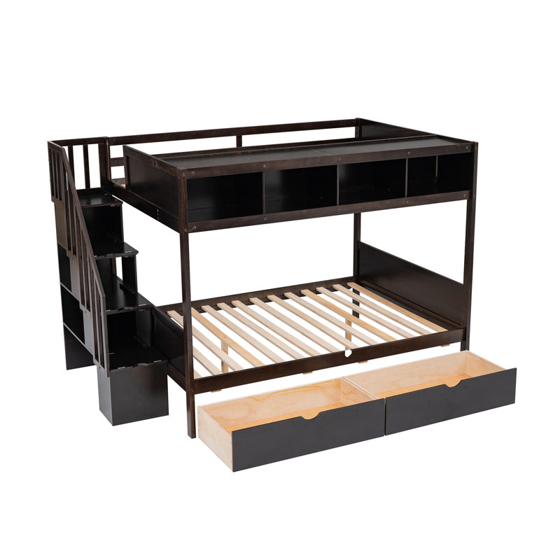Lit superposé simple au-dessus de double avec tablettes, escalier de rangement et 2 tiroirs, espresso