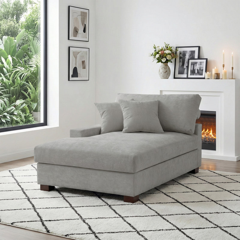Milbrey Oversized Upholstered Chaise Lounge with Armrests & Throw Pillows, Chenille, Gray, Left Hand Facing