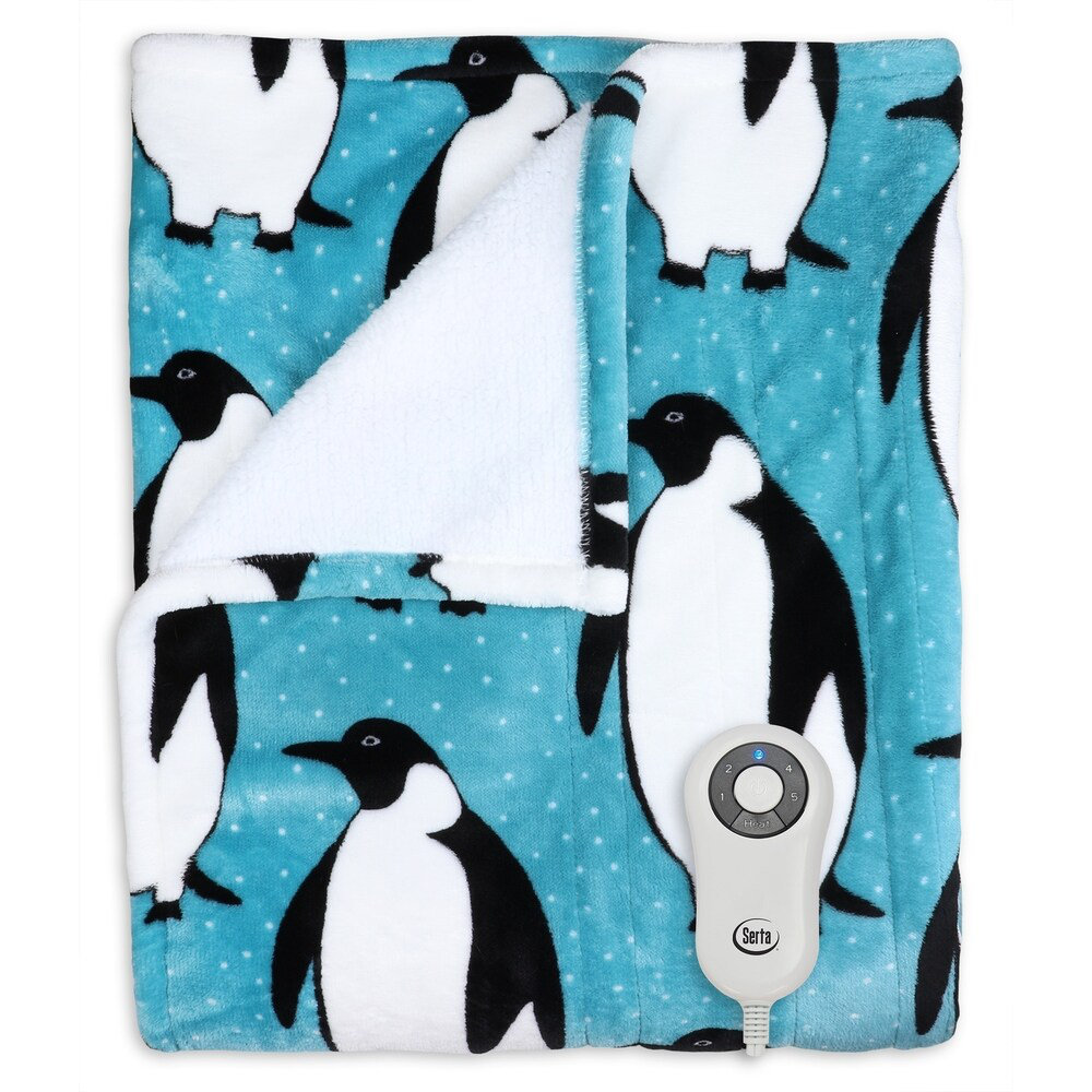 Serta Shiny Sherpa Electric Heated Warming Throw Blanket Penguin Red