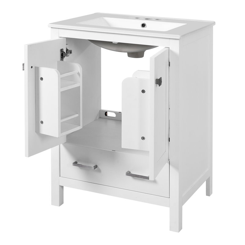 Meuble-lavabo de 24 pouces avec lavabo en céramique, portes doubles, tiroir séparateur, tablette double couche, système de fermeture en douceur et poignées argentées élégantes pour une couleur riche