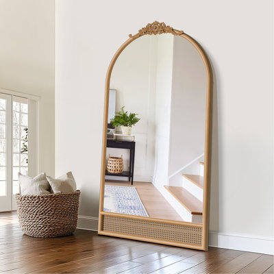 Miroir pleine grandeur en bois massif de rotin sculpté à angle droit brun arqué pour salon