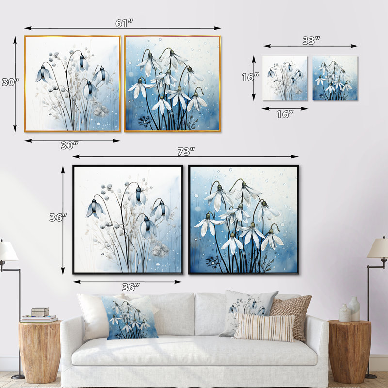 Minimalisme bleu et blanc Snowdrops Bloom - Snowdrops Square, ensemble de 2 collages, Encadrement brun, H 30 po x l 61 po