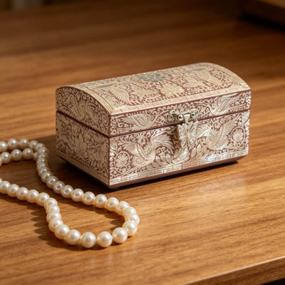 Handmade Mother of Pearl Trinket Box - Vintage Jewelry Storage Organizer with Mirrored Lid - Korean Cultural Craftsman Artwork for Women - Red Crane Design, Keepsake Gift for Birthday, Anniversary, Wedding, Christmas