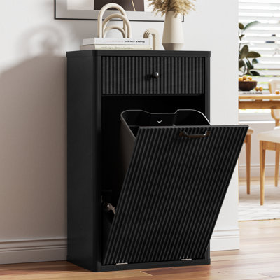 13 Gallons Tilt Out Trash Can Cabinet Hidden Kitchen Waste Bins Freestanding Modern Recycling Trash Cabinets With Drawers Pet Proof Trash Can For Kitchen, White