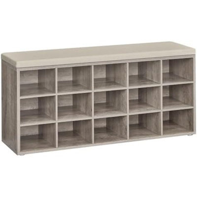 Collection CUSTOS - Banc à chaussures, banc de rangement avec siège rembourré, banc d'entrée avec 15 compartiments, pour chambre à coucher, 11,8 x 41,3 x 18,9 pouces, Heather Greige et Cappuccino beige