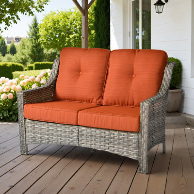 2 - Person Outdoor Wicker High Back Sofa With Cushions, All Weather Rattan Loveseat
