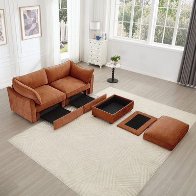 Canapé 2 places avec repose-pieds, canapé 2 places avec 1 repose-pieds mobile, tiroir de rangement coulissant sous chaque siège, orange chenille