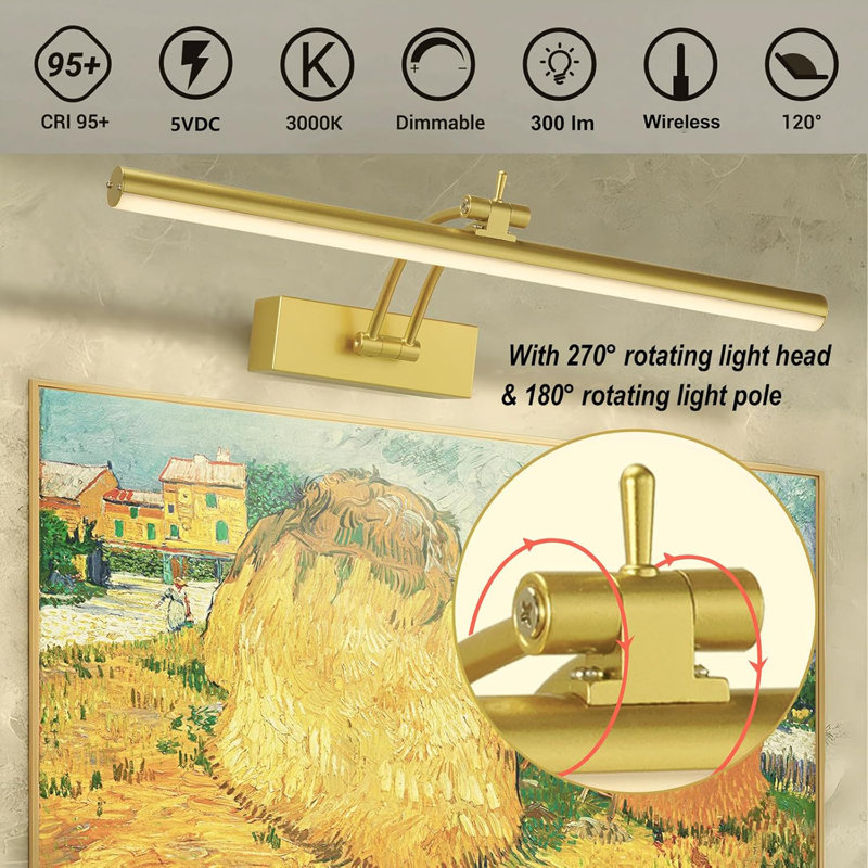 16'' Dimmable Wall Mount Picture Light with Remote, Gold