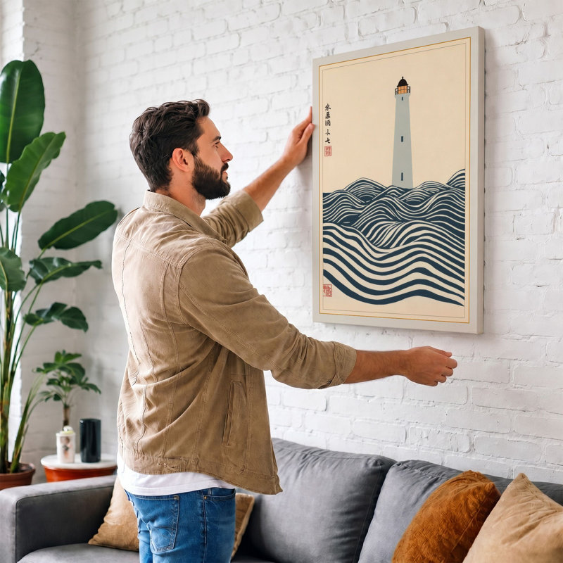 Lighthouse Among Waves Japandi - Wrapped Canvas, 36x24 - 91.4 x 61.0 cm, Cream Border