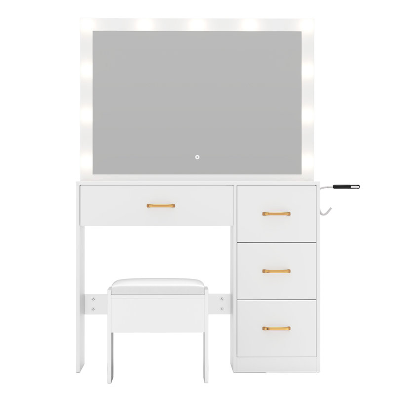 Table de coiffeuse à DEL avec rangement, station de charge et tabouret, Blanc