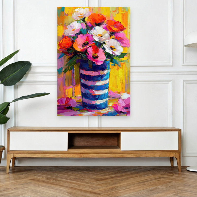 Vase rayé bleu coquelicots sur fond jaune, 48" H x 32" W