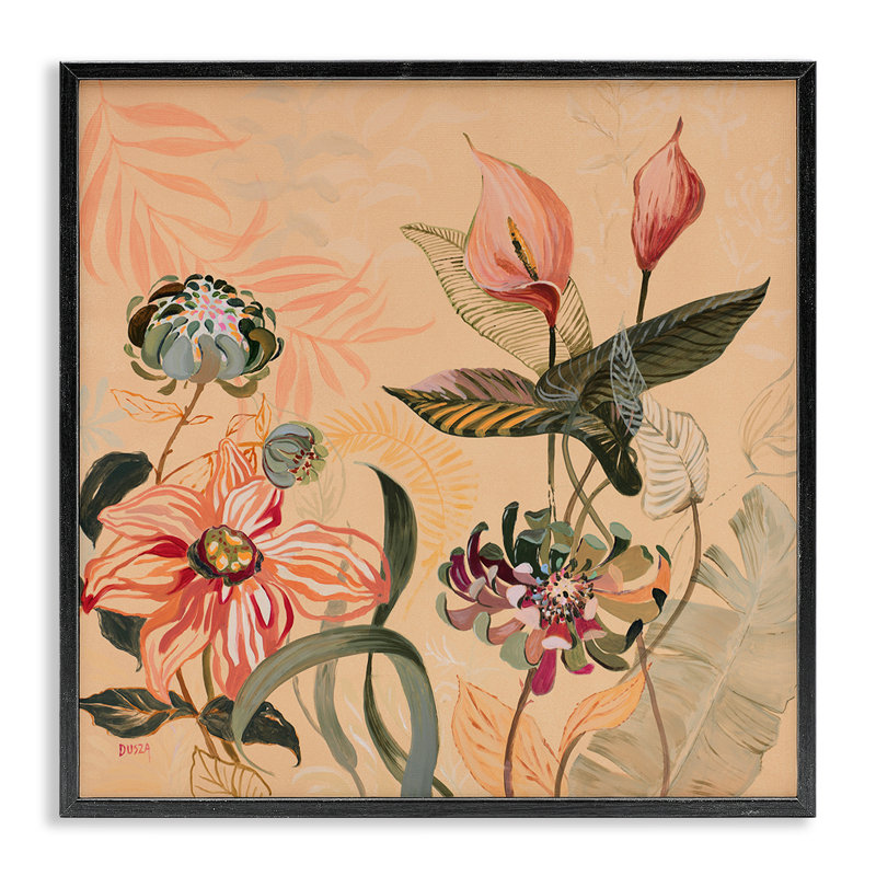 Giclée encadrée, feuillage tropical et fleurs, design par Dusza, Giclée encadrée noir minuit, H 12 po x l 12 po