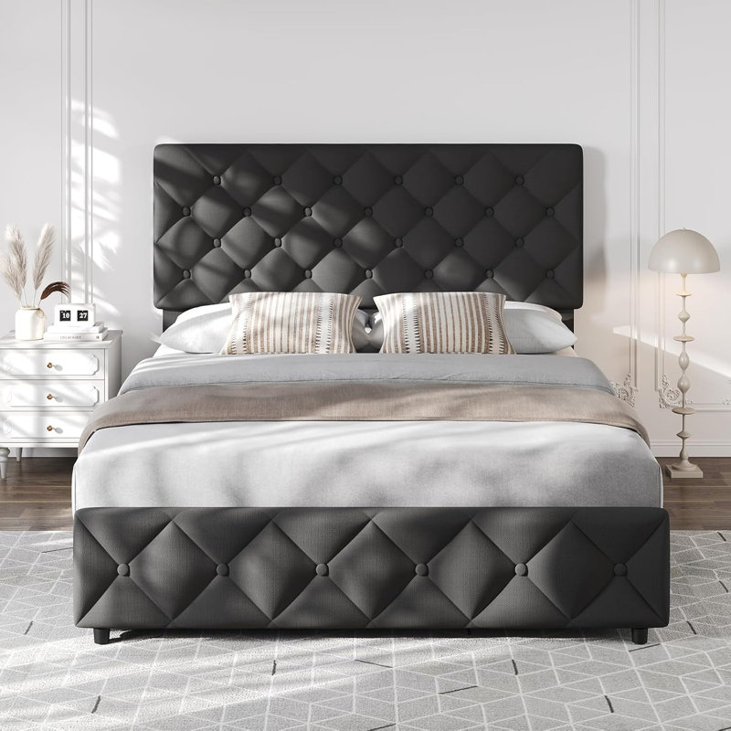 Structure de lit double rembourrée avec 4 tiroirs, tête de lit capitonnée, lin, noir, Full / Double, Black