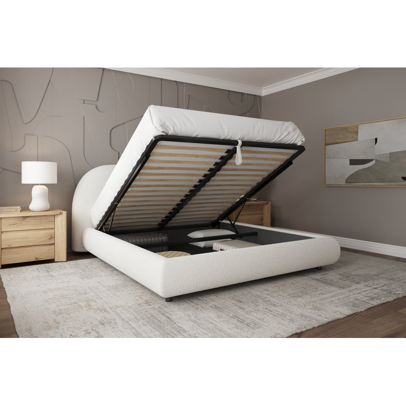 Lit moderne tapissier Burgas avec tête de lit arrondie et rangement, tissu performant, Très grand