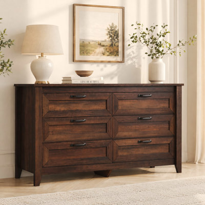 Serefina 54"W 6-Drawer Modern Dresser, Walnut Brown Wood Dresser with Solid Legs for Bedroom, Espresso Large Storage Double Dresser with Metal Handles Fits Closet or Hallway
