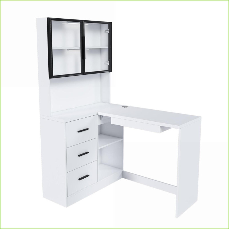 Bureaux, bureau d'angle en L avec armoires en verre, lumières DEL, ports USB et amp; Plateau à clavier | Blanc | Panneau de fibres à densité moyenne