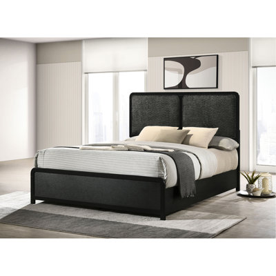 Lit très grand tapissier noir de style Mid-Century moderne, housse, tête de lit gris anthracite et pieds de support stables, style moderne, tissu anti-rayures, base