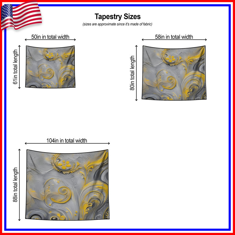 Tapisserie murale jaune tourbillons gris et ornementaux, H 104 po x 88 avec 4 œillets