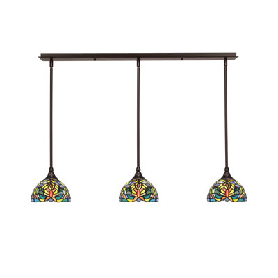 3 Light Stem Hung Linear Pendalier Shown With 7" Kaleidoscope Art Glass