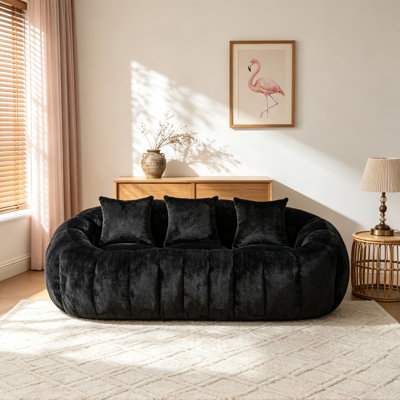 74.8" W Curved Upholstered Boneless Tufted Loveseat Sofa,Fluffy Faux Fur Couch With Anti-Slip Bottom And Throw Pillow,No Assembly Required