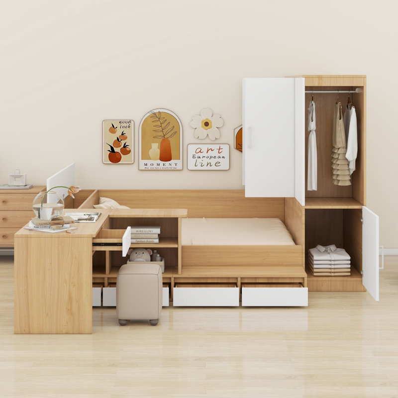 Lit plateforme avec tiroirs, tablettes, bureau et garde-robe, Naturel