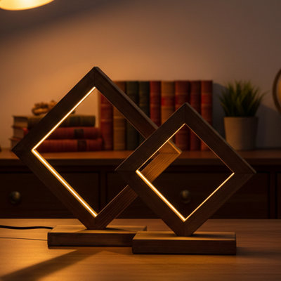 Auerbach 15" Geometric Spruce Wood Novelty 2-Piece Table Lamp Set