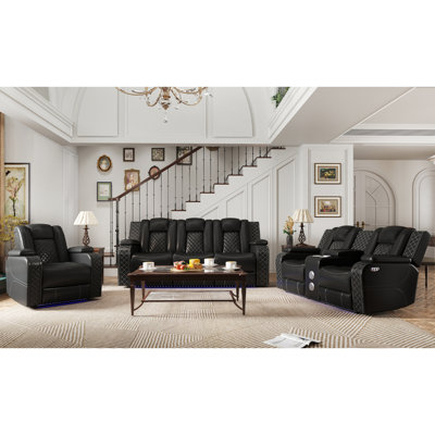 Bouzoun 3-Piece Breathable Faux Leather Dual Motor Power Reclining Sofa Living Room Set With Cupholders And Storage