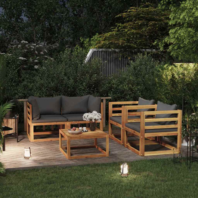 Ensemble de patio 5 pièces avec coussin en bois d'acacia massif, 2x corner + 2x armchair + table, Gris