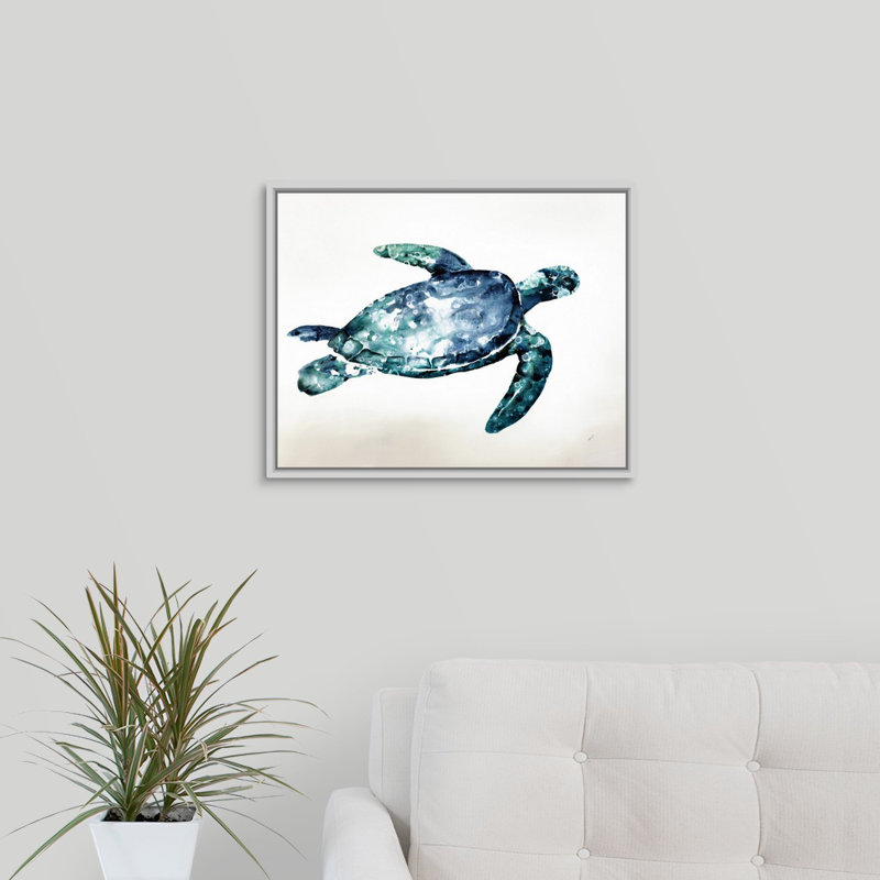 « sea tortue », peinture sur toile, H 17,7 po x l 21,7 po x p 1,75 po, Cadre flottant blanc