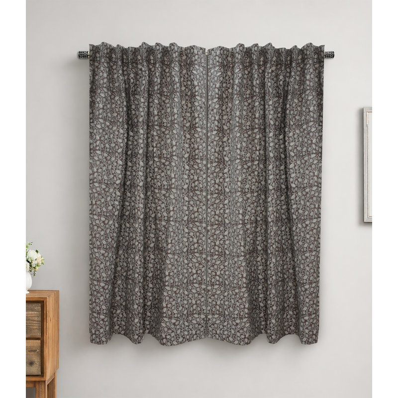 Panneau de rideau à anneaux à motif de blocs rétro vintage, rideaux floraux en lin brun pur style bohème pour salon et chambre à coucher - Pishta