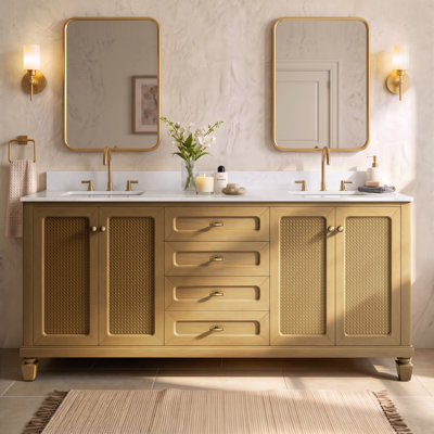 Meuble-lavabo double 72 po avec comptoir en marbre, lavabo en céramique et dosseret