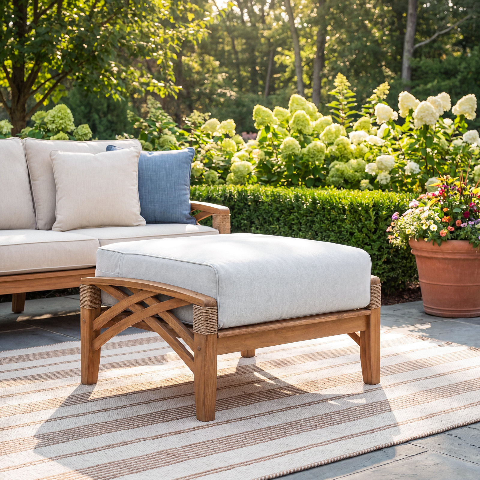 Cotesfield Teak Outdoor Ottoman with Cushion, Tan Performance Basketweave